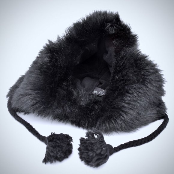 H&M Fair Isle Knit Trapper Faux Fur Hat Black Ear Flaps Pom Pom Tie Winter OS - Picture 7 of 7